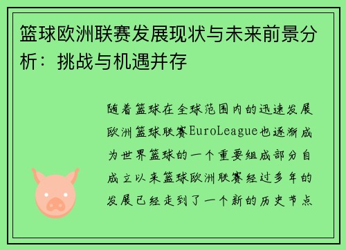 篮球欧洲联赛发展现状与未来前景分析：挑战与机遇并存